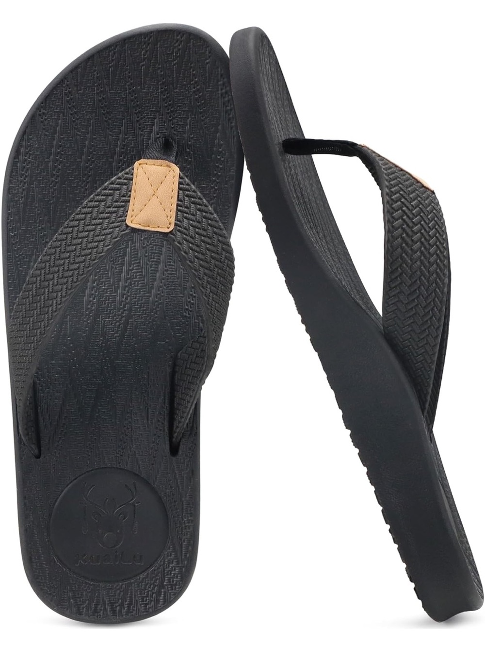 Lilu Men's Black Flip Flops with Brown Accent Tab US 7